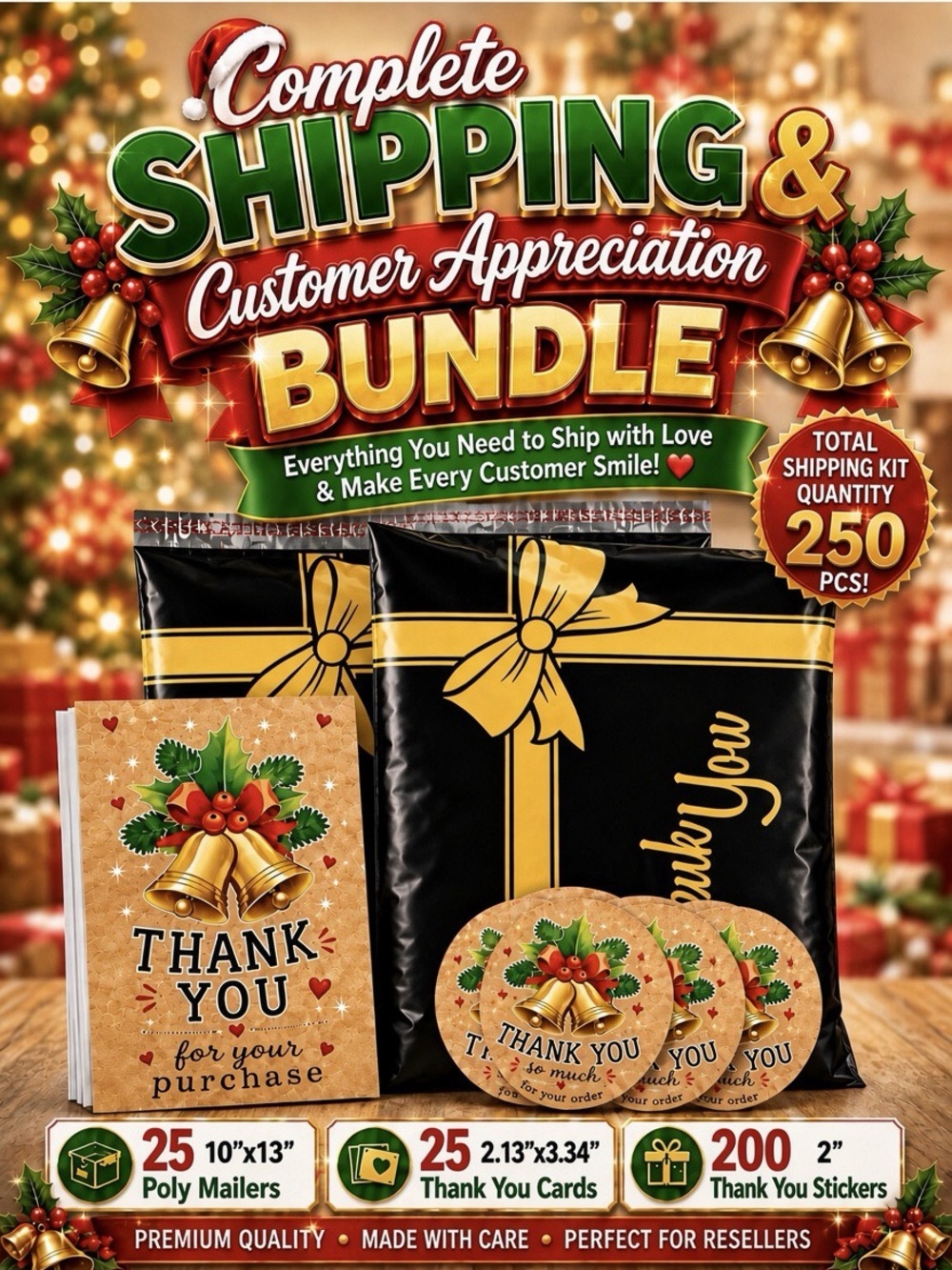 250PC Bundle~ 25 Poly Mailers, 25 Cards & 200 Stickers